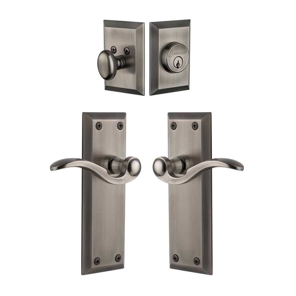 Grandeur by Nostalgic Warehouse Single Cylinder Combo Pack Keyed Differently - Fifth Avenue Plate with Bellagio Lever and Matching Deadbolt in Antique Pewter
